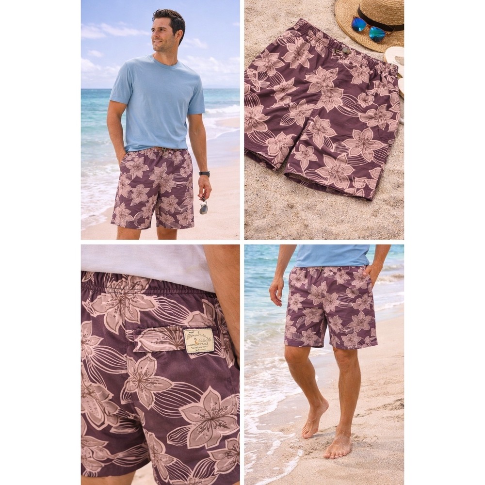 Tommy Bahama Bungalow Brand Mens XL Floral Swim Trunks Plum Brown Nylon Shorts